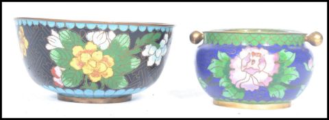 A 19th century Cloisonne bowl along with a later cloisonne revolving ashtray. Measures 5.5 cm high