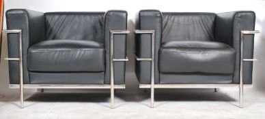 After Le Corbusier - A pair of  'LC2 ' type black vinyl leather and chrome club chair. The