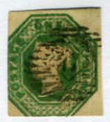 GB Stamp. Embossed 1847 1/- Deep Green. Lovely deep example of the scarcer shade.Two very large