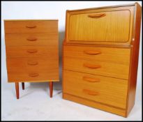 A 20th century retro teak wood veneer bureau fall front opening to reveal a fully appointed interior
