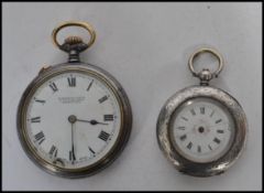 Two silver pocket watches one being a Huntley Davie, 17, City Arcade, Birmingham, pocket watch