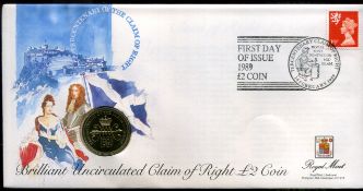 COIN 1989 Scotland First Day of Issue cover with Scottish £2 Claim of Rights Tercentenary coin (