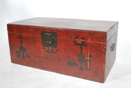 An antique Chinese Gansu province popular wood storage trunk / blanket box / coffer having a red