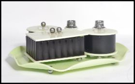 A retro 1940's vintage British green bakelite type dressing table set comprising tray,