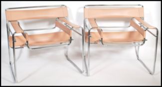 After Marcel Breuer - A pair of B3 Wassily design chairs / armchairs being made from a tubular