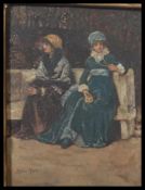 An early 20th century oil on board painting of two ladies sat on a bench. Signed by artist