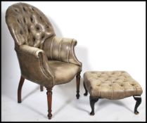 An Antique style Chesterfield silvered leather button back armchair. Raised on mahogany cabriole