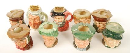 A group of seven Royal Doulton character jugs ashtrays along with two character jug table