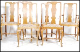 A sett of six early 20th century 1930's Queen Anne revival solid oak dining chairs each having