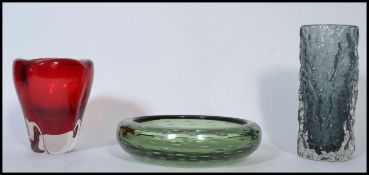 A group of three vintage studio art glass Whitefriars pieces to include a controlled bubble bowl