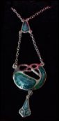 A silver and enamel art deco style pendant necklace having blue / green coloured drop pendant. Chain