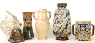 A group of Doulton stone ware to include a three handles Lygon vase , Floral wall pocket , three