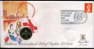 COIN 1989 England First Day of Issue cover with English £2 Bill of Rights Tercentenary coin (