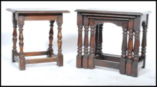 A vintage 20th century Jacobean Revival oak peg jointed coffin stool together with a similar nest of