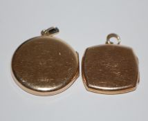 Two hallmarked 9ct gold locket pendants. Hallmarked Birmingham, Edinburgh. Measures 2.5cms , 2cms.