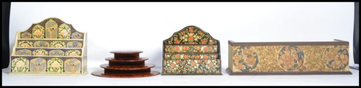 A collection of vintage 20th century desk tidies to include an Art Deco burr walnut example,