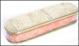 An 18th century Dutch snuff box of copper and brass construction. Etched with buildings pies
