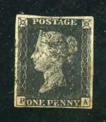Stamps; 1840 1d Penny Black with letters PA from plate 7. Four clear white borders. Rare.