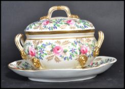 An early 19th century Derby Osmaton factory tureen and cover with stand. Highly detailed with floral