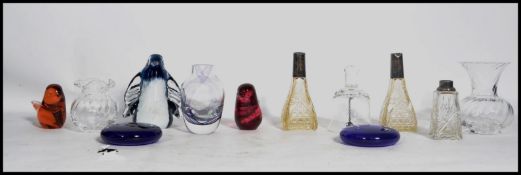 A group of vintage glass ware to include three silver collared cut glass scent bottles, Dartington ,