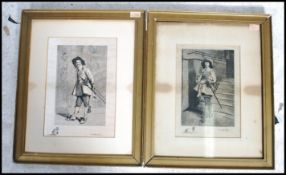 A pair of framed etching on white satin pictures after J. L. E. Meissonier by W. Edwin Law. The