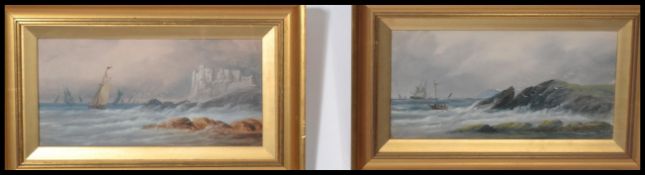 A pair of vintage 20th century framed and glazed watercolour paintings of coastal scenes, sailing