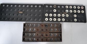 Three vintage early 20th century rare schoolroom inkwell carriers / trays and 36 bakelite and