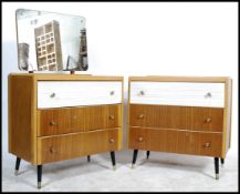 A mid century teak wood and melamine flash worked bedroom suite comprising a chest of drawers and