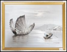 A vintage 20th century oil on canvas gouache painting of Chinese Junk ship. Signed and set within