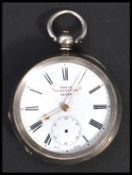 A silver 19th century Kays Perfection Lever pocket watch. Enamel face with roman Numeral chapter