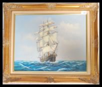 A vintage 20th century maritime nautical oil on canvas painting of a galleon ship / boat at high