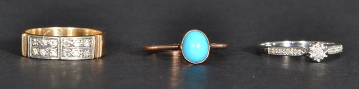 Two 9ct gold and diamond rings along with a turquoise 9ct gold ring. Size O Total weight 7 grams.