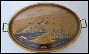 A good 20th century gilded gallery twin handled Japanese chinoiserie decorated tray with scenes of