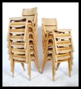 A set of 12 vintage ply panel bentwood village hall / school - stacking hall chairs raised on