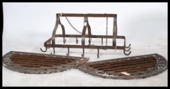 A 19th century strap metal worked Kitchen hanging pan rack - game hook. Rectangular form with c-