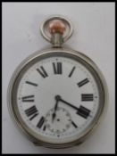 A silver plated Swiss made lever open faced crown wind pocket watch, having enamel face with Roman