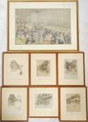 A vintage early 20th century hand coloured etching print of a racing scene along with a set of six