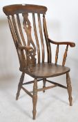 A good 19th century Victorian beech and elm lathe back windsor chair - armchair. Raised on bulbous