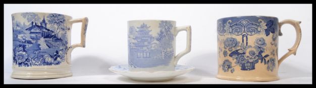 A group of three 19th century blue and white transfer printed tankards to include an Adams
