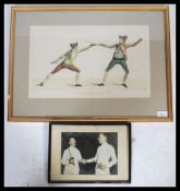 A 19th century framed and glazed hand coloured etching depicting fencers together with a framed
