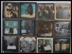 A vintage wooden magic lantern slide case full with vintage magic lantern slides, mostly views of
