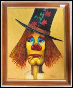 A mid century oil on canvas painting of a clown / pierrot having vivid colours being signed to the