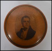 MAUCHLINE WARE CYLINDRICAL COTTON BOBBIN BOX AND COVER, to dispense six bobbins, a Clark and Co.,