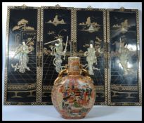 A collection of four lacquered shibayama wall panels, each with a Geisha girl in a different pose