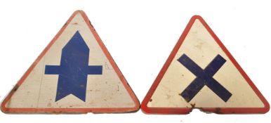 A pair of early 20th century enamel painted metal French street warning signs. Each of triangular