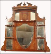 A 19th century Victorian mahogany and marquetry inlaid large overmantel mirror. Multiple bevelled