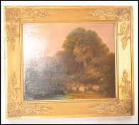 A 19th century oil on board painting of a Shepherd with flock returning at dusk with pink skies