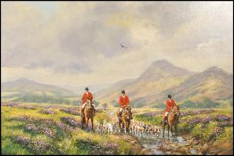 Donald Ayres (British, b. 1936), Dartmoor Hunt hunters and their dogs in a floral river landscape