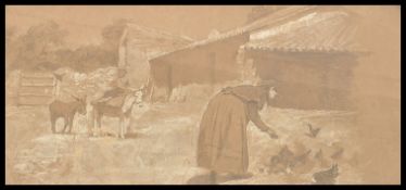 A 19th century country scene painting of nieve abstract ' negative ' form on course brown paper of a