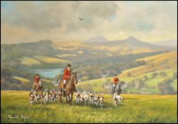 Donald Ayres (British, b. 1936), Dartmoor Hunt hunters and their dogs in a hilly landscape with